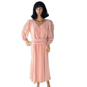 Vintage Bernadette designs pink ruched gown sheer puffy beaded sleeves size Med